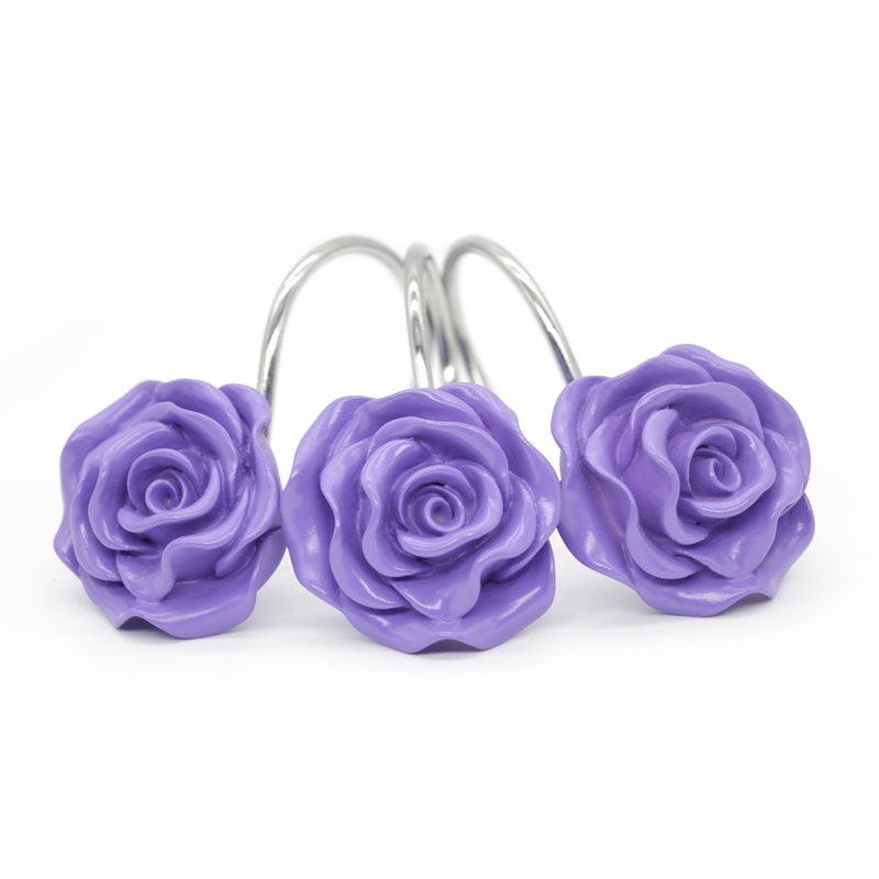 BEAVO Shower Curtain Hooks, Home Decorative Rustproof Shower Curtain Hooks Resin Rose Flower Shower Hooks Rings for Bathroom Shower Rods Curtains,Set of 12 Hooks (Purple) - Image 2